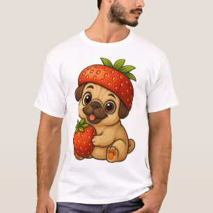 T-shirt Joli pug avec des fraises fruité dessin animé drôl