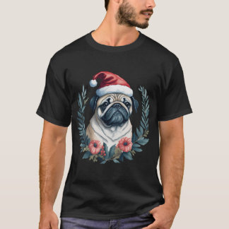 T-shirt Joli pug en chapeau de Père Noël dans une couronne