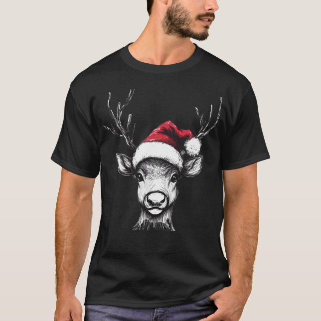 T-shirt Joli renne avec chapeau de Père Noël (Devant)