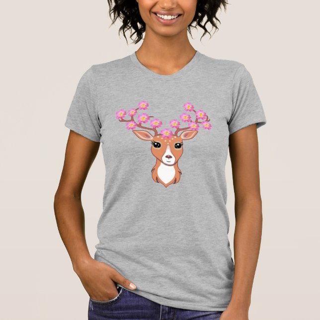 T-shirt Joli renne avec des fleurs roses (Devant)