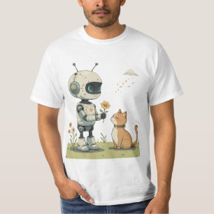 T-shirt Joli Robot Offrant une Fleur à un Chat, une Illust
