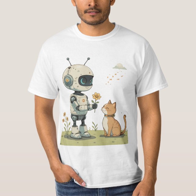 T-shirt Joli Robot Offrant une Fleur à un Chat, une Illust (Devant)