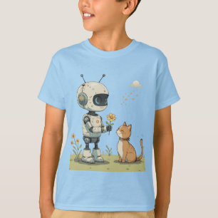 T-shirt Joli Robot Offrant une Fleur à un Chat, une Illust
