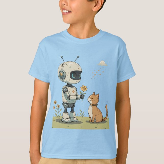 T-shirt Joli Robot Offrant une Fleur à un Chat, une Illust (Devant)