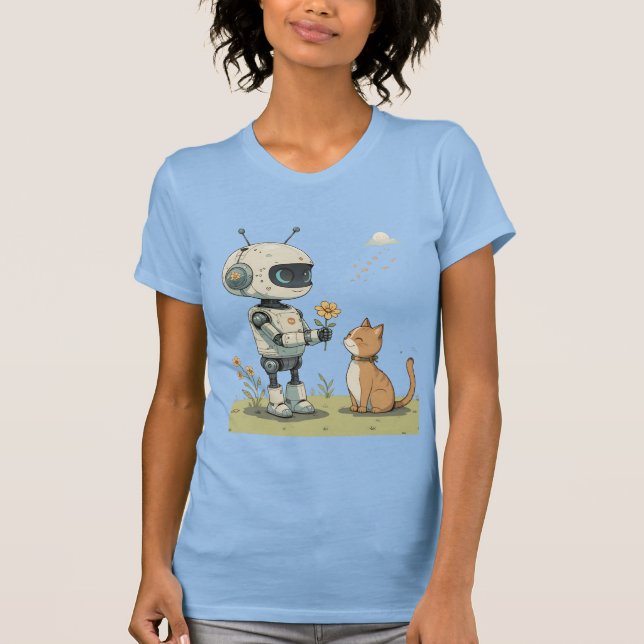 T-shirt Joli Robot Offrant une Fleur à un Chat, une Illust (Devant)