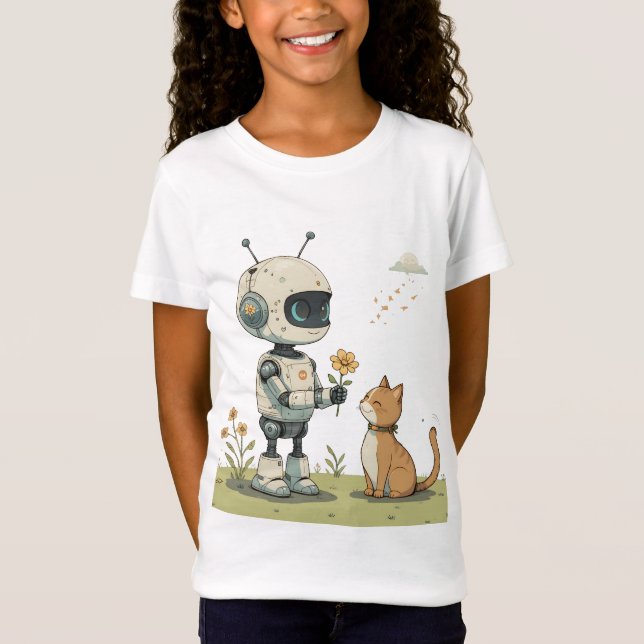 T-Shirt Joli Robot Offrant une Fleur à un Chat, une Illust (Devant)
