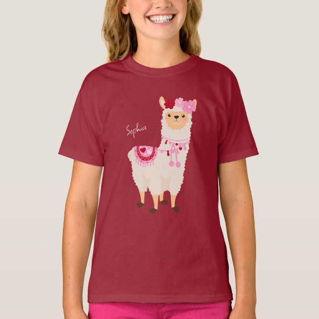 T-shirt Joli rose Saint Valentin Llama Little Girl Name (Devant)