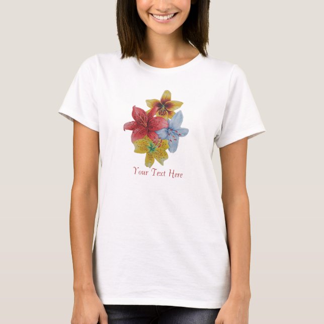 T-shirt joli rouge et jaune Lily fleurs florales (Devant)