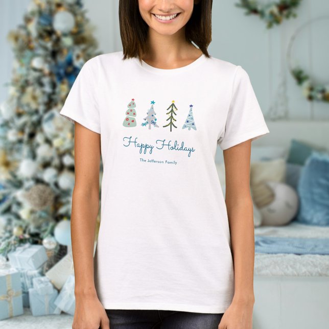 T-shirt Joli sapin scandinave (Cute Scandinavian Christmas custom tshirt with whimsical Christmas trees and your text)