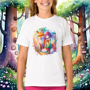 T-shirt Jolie aquarelle Anime Girl et Fox