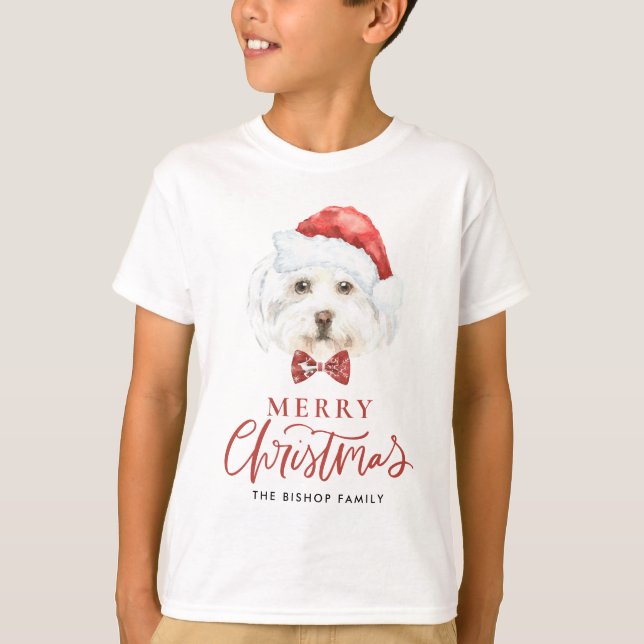 T-shirt Jolie aquarelle Maltese Père Noël Joyeux Noël (Devant)