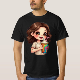 T-shirt Jolie Fille Chibi avec Boisson Tourbillon Arc-en-C
