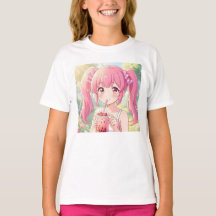 Jolie Fille d'Anime en Rose Buvant du Thé à Bulles