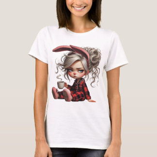 T-SHIRT JOLIE FILLE GRINCHEUSE EN PYJAMA AVEC CAFÉ