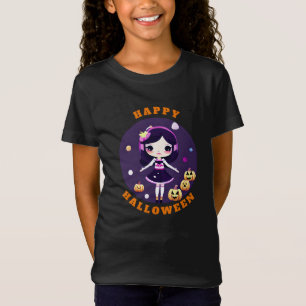 T-Shirt Jolie Fille Kawaii dans les Citrouilles Halloween