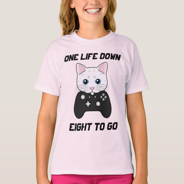 T-shirt Jolie fille Noir Blanc Cartoon Gamer Chat (Devant)