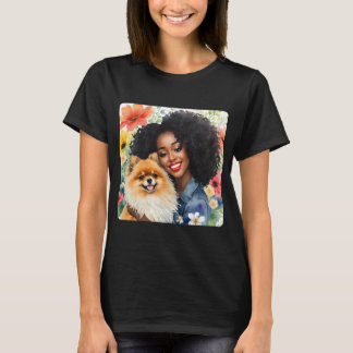 T-shirt Jolie fille noire avec Poméranie Fleur de chien