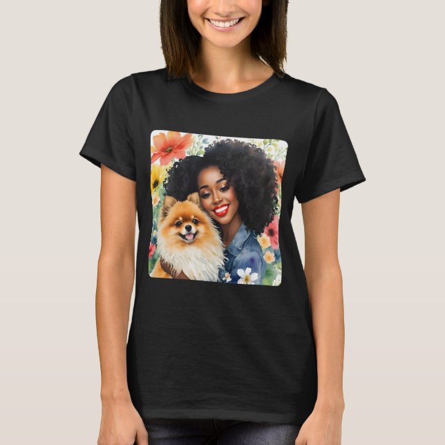 T-shirt Jolie fille noire avec Poméranie Fleur de chien (Devant)