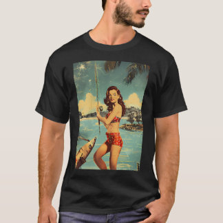 T-shirt Jolie fille rétro pêchant