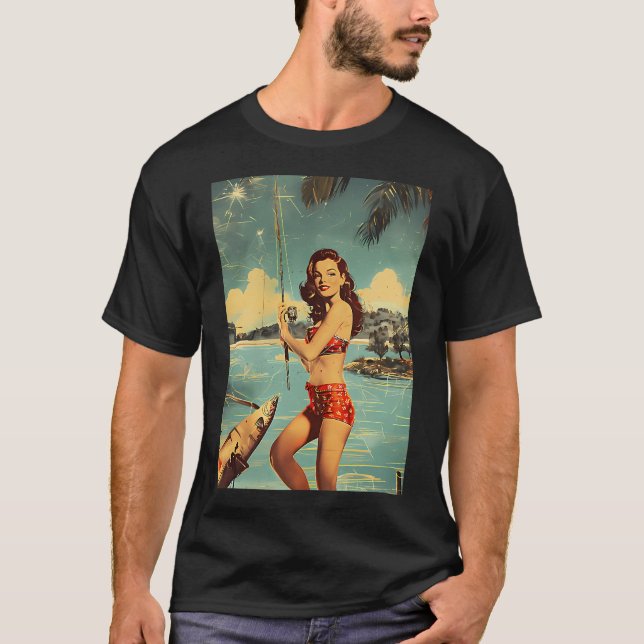 T-shirt Jolie fille rétro pêchant (Devant)