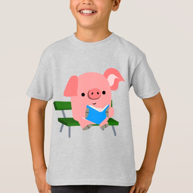 T-shirt Jolie lecture de cochon de dessin sur un banc T-sh (Devant)