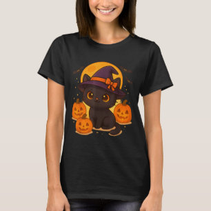 T-shirt Jolie Rétro Sorcière Chat Noir Citrouille Hallowee