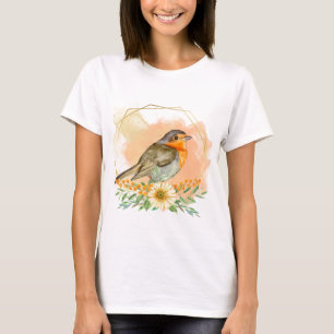 T-shirt Jolie Robin à l'aquarelle et fleurs sauvages 