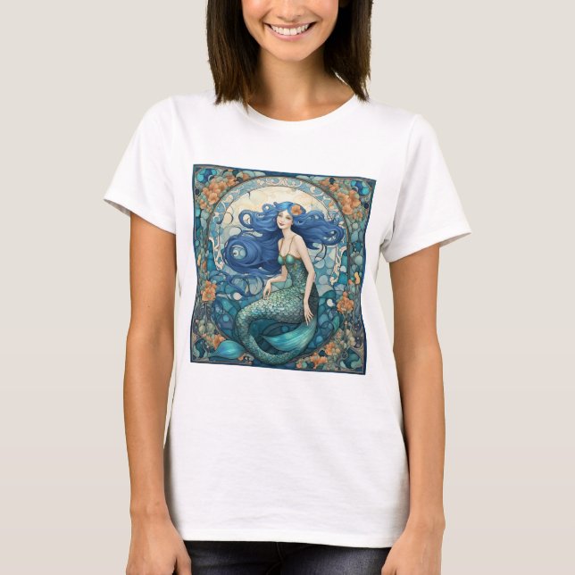 T-shirt Jolie sirène Art Nouveau Art Déco Bleu (Devant)
