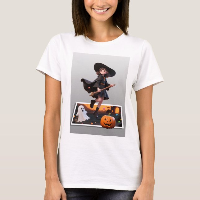T-shirt Jolie sorcière d'Halloween volant sur Broomstick (Devant)