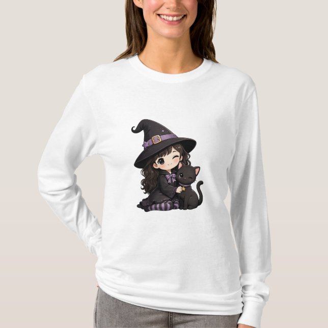 T-shirt Jolie sorcière et chat noir  (Devant)