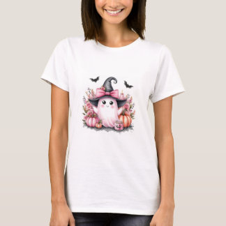 T-shirt Jolie sorcière fantôme rose florale Halloween aqua