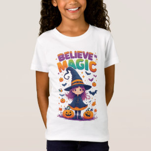 T-Shirt Jolie Sorcière Fille Citrouilles Chauves-souris Ha