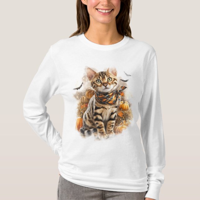 T-SHIRT JOLIE TOMBE THÈME BENGAL CAT AVEC CITROUILLES (Devant)