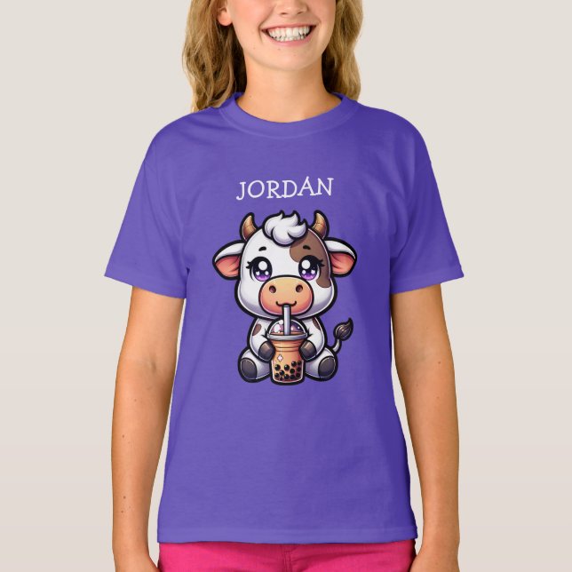 T-shirt Jolie vache bébé Boire Boba Kawaii Cartoon (Devant)