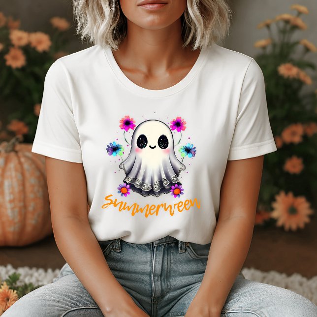 T-shirt Jolies Fleurs Néon de Summerween Fantôme (Cute Summerween Ghost Neon Flowers T-Shirt)