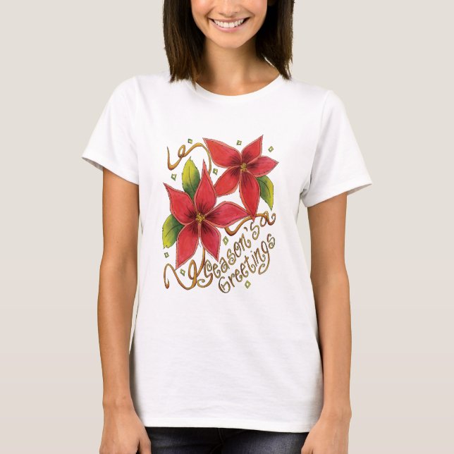 T-shirt Jolies salutations de Noël avec des poinsettias (Devant)