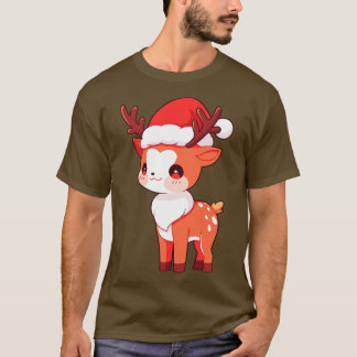 T-shirt Jolis Rennes de Noël Kawaii avec Chapeau de Père N