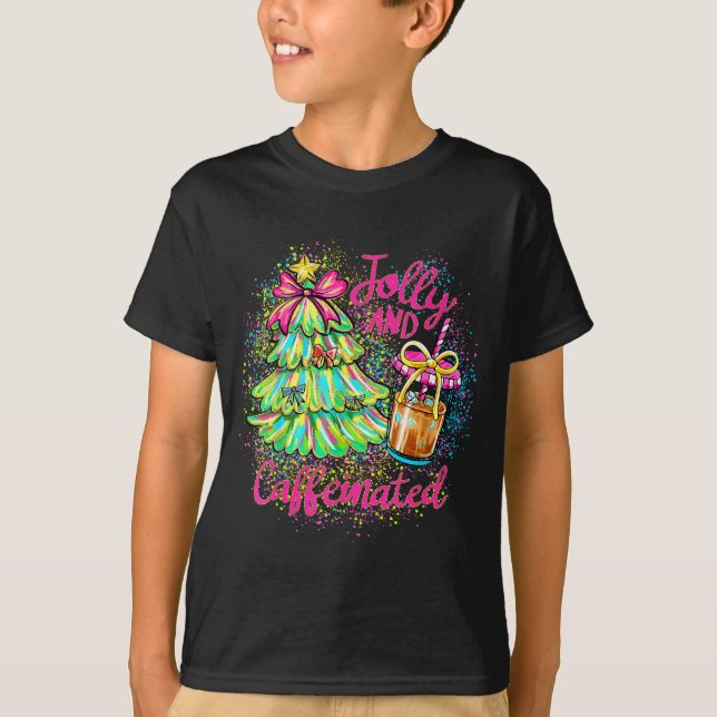 T-shirt Jolly And Caffeinated Christmas Tree Coquette Bow  (Devant)