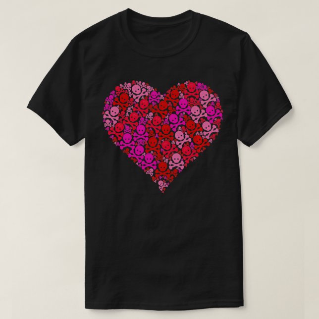 T-shirt Jolly Roger Flag Skull Pink Red Heart Shape Valent (Design devant)