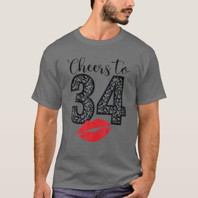 T-shirt Joue À 34 Ans Lèvres Joyeuses Anniversaire Leopard (Devant)