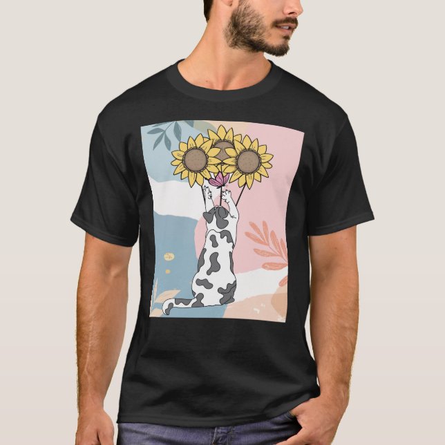 T-shirt Jouer Au Chat Avec Papillon Et Tournesols (Devant)