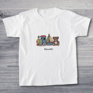 T-shirt Jouets en bois avec train, voilier et ours en pelu