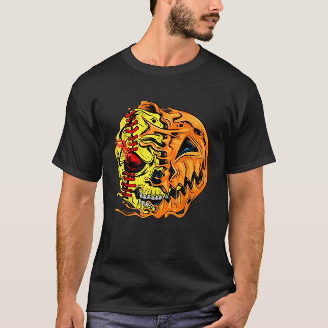 T-shirt Joueur de softball Halloween Citrouille Skeleton S (Devant)