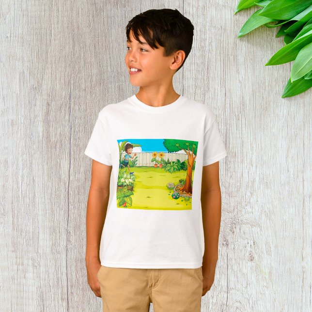 T-shirt Joueur garçon courir dans un Jardin vert luxuriant (Créateur téléchargé)