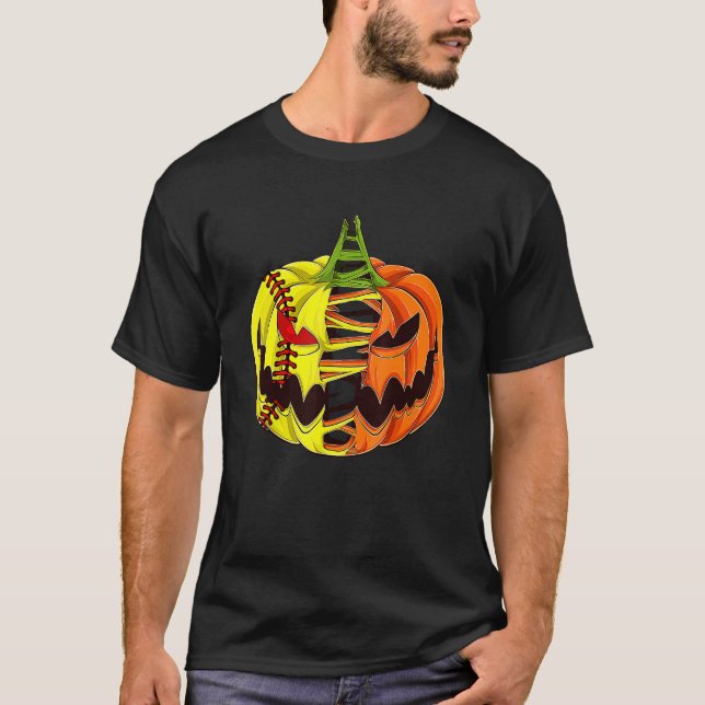 T-shirt Joueur Softball Halloween Citrouille Hommes Garçon (Devant)