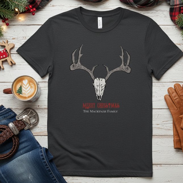 T-shirt Joueurs de crâne de rennes pour hommes rustiques (Festive Merry Christmas Reindeer Skull & Antlers Illustration Mens T-Shirt. Modern Country or Gothic)