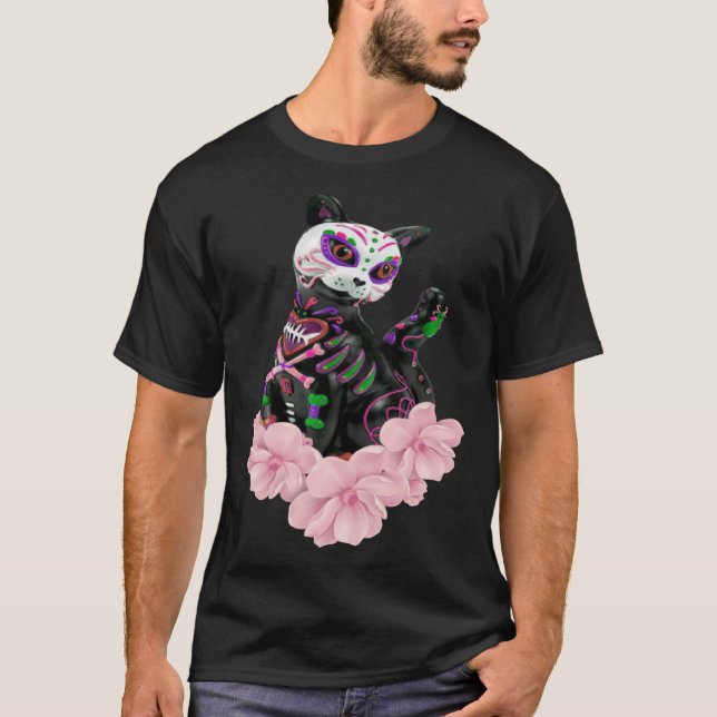 T-shirt Jour De La Morte Crâne Chat Fleurs Roses Pullo (Devant)