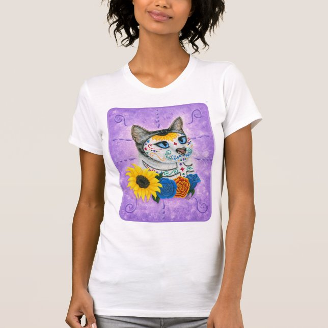 T-shirt Jour de l'art mort de chat de crâne de sucre de (Devant)