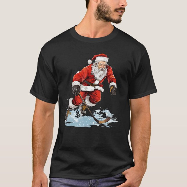 T-shirt Jour de Noël Drôle Père Noël Jouer Hockey sur glac (Devant)