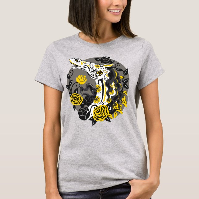T-shirt Jour des Chevaux Morts Squelette avec Roses Jaunes (Devant)